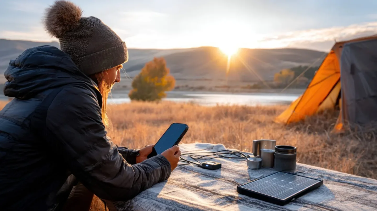 woman using camping gadgets